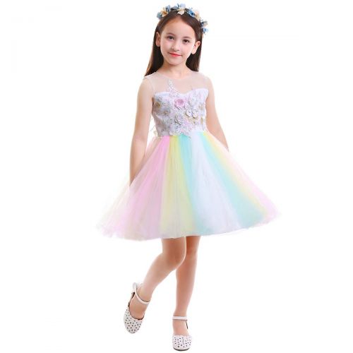  IWEMEK Girls Kids Flower Unicorn Birthday Outfits Cosplay Fancy Costume Princess Dress up Lace Tulle Pageant Party Dance Gown