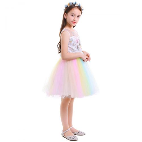  IWEMEK Girls Kids Flower Unicorn Birthday Outfits Cosplay Fancy Costume Princess Dress up Lace Tulle Pageant Party Dance Gown