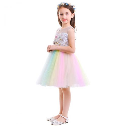  IWEMEK Girls Kids Flower Unicorn Birthday Outfits Cosplay Fancy Costume Princess Dress up Lace Tulle Pageant Party Dance Gown