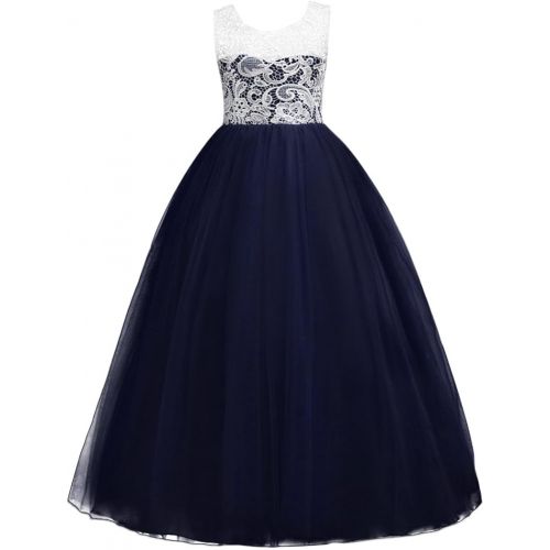  [아마존 핫딜] [아마존핫딜]IWEMEK 5-16T Little/Big Girls Floor Length Lace Tulle Bridesmaid Dress Flower Pageant Party Wedding Maxi Evening Dance Gown