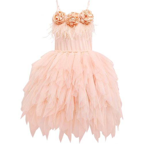  할로윈 용품IWEMEK Swan Princess Feather Fringes Tiered Tutu Tulle Flower Girls Dress Wedding Ballerina Dance Pageant Birthday Party Prom Gown