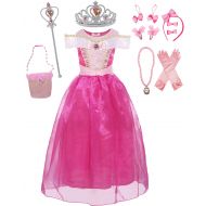 IWIWB Girls Drop Shoulder Princess Aurora Costume Dress up with Headdress Outfit Set