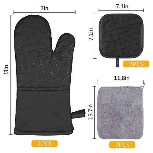  [아마존베스트]IXO 6Pcs Oven Mitts and Pot Holders, 500℉ Heat Resistant Oven Mitts with Kitchen Towels Soft Cotton Lining and Non-Slip Surface Safe for Baking, Cooking, BBQ (Black)