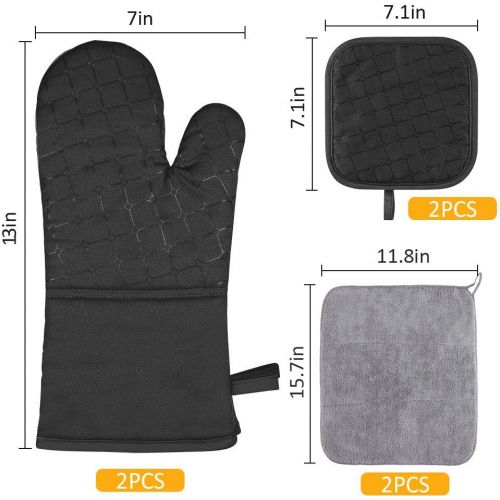  [아마존베스트]IXO 6Pcs Oven Mitts and Pot Holders, 500℉ Heat Resistant Oven Mitts with Kitchen Towels Soft Cotton Lining and Non-Slip Surface Safe for Baking, Cooking, BBQ (Black)