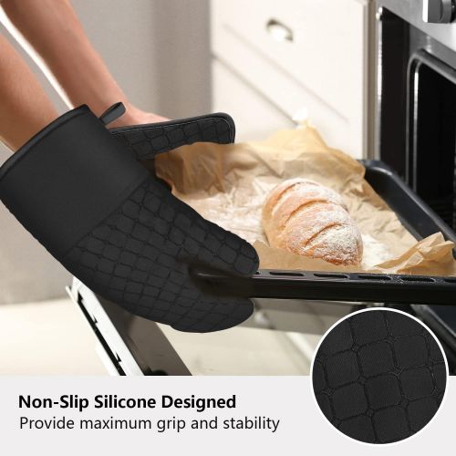  [아마존베스트]IXO 6Pcs Oven Mitts and Pot Holders, 500℉ Heat Resistant Oven Mitts with Kitchen Towels Soft Cotton Lining and Non-Slip Surface Safe for Baking, Cooking, BBQ (Black)