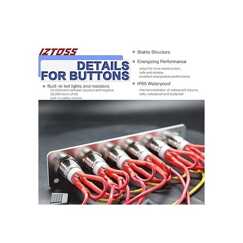  Iztoss 6 Gang Aluminum Marine Rocker Switch Panel - Pre-Wired with Blue LED Indicator, 12-24V Multi-Function Rocker Switch - Ideal for Marine motorhomes, Yachts (Silver)