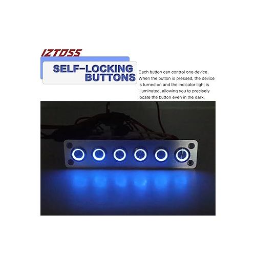  Iztoss 6 Gang Aluminum Marine Rocker Switch Panel - Pre-Wired with Blue LED Indicator, 12-24V Multi-Function Rocker Switch - Ideal for Marine motorhomes, Yachts (Silver)