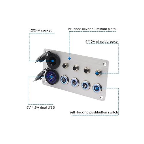  Iztoss 6 Gang Aluminum Push Button Switch Panel with 5V/4.8 Dual USB Socket Outlet Circuit Breaker for Marine RV Boat Caravan Yacht