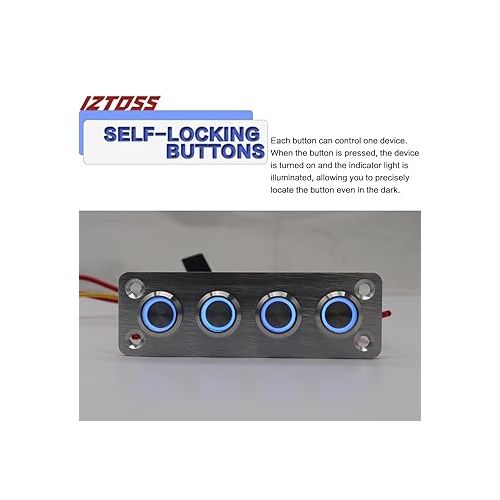  Iztoss 4 Gang Aluminum Marine Rocker Switch Panel - Pre-Wired with Blue LED Indicator, 12-24V Multi-Function Rocker Switch - Ideal for Marine motorhomes, Yachts (Silver)