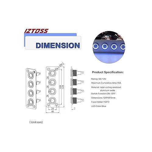  Iztoss 4 Gang Aluminum Marine Rocker Switch Panel - Pre-Wired with Blue LED Indicator, 12-24V Multi-Function Rocker Switch - Ideal for Marine motorhomes, Yachts (Silver)