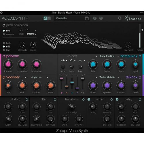  IZotope iZotope},description:VocalSynth is a creative multi­-effect plug-­in enabling you to shape and manipulate your voice to create electronic vocal textures, robot sounds, computerized