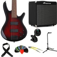 Ibanez Gio GSR205SMCNB Bass Guitar and Ampeg Rocket Amp Essentials Bundle - Spalted Maple, Charcoal Brown Burst