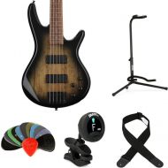 Ibanez Gio GSR205SMNGT Bass Guitar Essentials Bundle - Spalted Maple, Natural Gray Burst