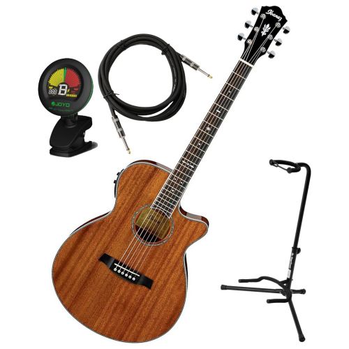  Ibanez AEG12IINT Natural High Gloss AEG Series Acoustic-Electric Guitar w Stand, Tuner, and Cable