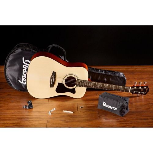  Ibanez 6 String Acoustic Guitar Pack, Right Handed, Natural Gloss (IJV30)