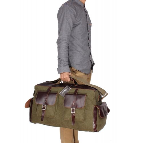  Iblue Canvas Leather Trim Weekender Tote Travel Duffel Bag For Men Green 192 (army green)