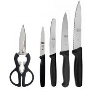 Icel ICEL cutlery all in one kitchen tool set includes, paring knife, steak/tomato knife, utility knife, carving knife and a multi-purpose meat Scissors/Shears, NSF Approved. All in Bla