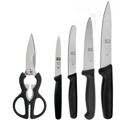  Icel ICEL cutlery all in one kitchen tool set includes, paring knife, steak/tomato knife, utility knife, carving knife and a multi-purpose meat Scissors/Shears, NSF Approved. All in Bla