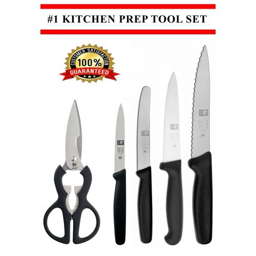  Icel ICEL cutlery all in one kitchen tool set includes, paring knife, steak/tomato knife, utility knife, carving knife and a multi-purpose meat Scissors/Shears, NSF Approved. All in Bla