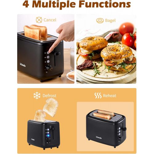  Toaster 2 Slice iClanda, Extra-Wide Slot Toaster with 6 Shade Settings, 2-Slice Compact Toaster, Bagel/Defrost/Reheat/Cancel, High Lift, Auto Shutoff, Black