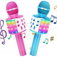 Icnice Wireless Bluetooth Karaoke Microphone 2 Pack, 5-in-1 Portable Handheld Karaoke Mic Speaker with Flashing Light for Singing Compatible with TV/Phone/PC Karaoke Machine (Pink