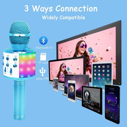 Icnice Wireless Bluetooth Karaoke Microphone 2 Pack, 5-in-1 Portable Handheld Karaoke Mic Speaker with Flashing Light for Singing Compatible with TV/Phone/PC Karaoke Machine (Pink