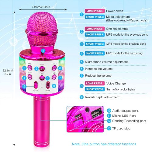  Icnice Wireless Bluetooth Karaoke Microphone 2 Pack, 5-in-1 Portable Handheld Karaoke Mic Speaker with Flashing Light for Singing Compatible with TV/Phone/PC Karaoke Machine (Pink