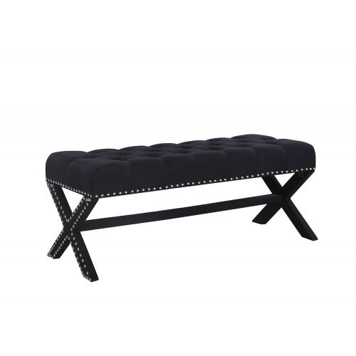  Iconic Home Dalit Updated Neo Traditional Polished Nailhead Tufted Linen X Bench, Black