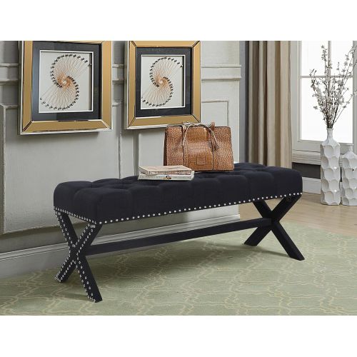  Iconic Home Dalit Updated Neo Traditional Polished Nailhead Tufted Linen X Bench, Black