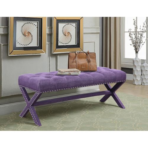  Iconic Home Dalit Updated Neo Traditional Polished Nailhead Tufted Linen X Bench, Plum