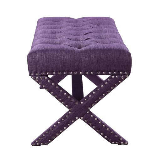  Iconic Home Dalit Updated Neo Traditional Polished Nailhead Tufted Linen X Bench, Plum
