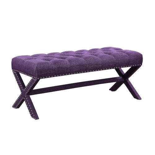  Iconic Home Dalit Updated Neo Traditional Polished Nailhead Tufted Linen X Bench, Plum