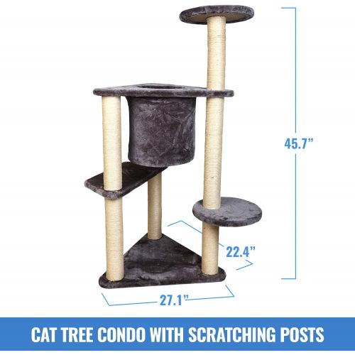  Iconic Pet Three Tier Deluxe Cat Tree Condo with Sisal Rope Scratching Posts & Plush Carpet, Grey, 45.7
