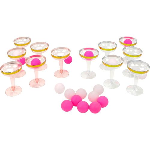  Iconikal Champagne Pong Game Balls and Fluted Cups, Gold Trimmed, 21-Piece Set