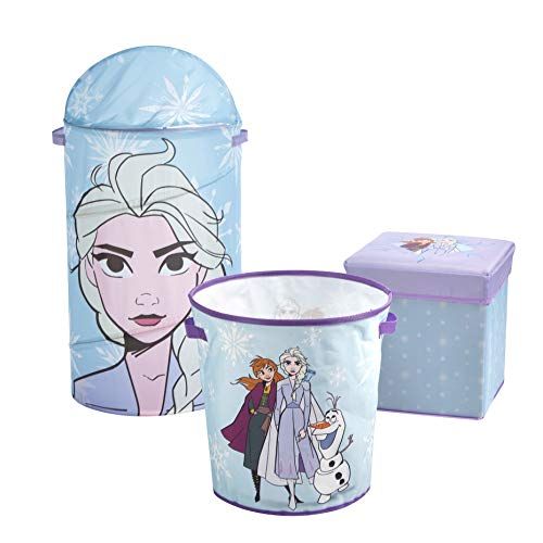  Idea Nuova Disney Frozen 2 3 Piece Collapsible Storage Set with Collapsible Ottoman, Bin and Figural Dome Pop Up Hamper, Blue