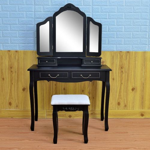  IdealBuy Tri-fold Mirror Dresser Dressing Stool Black