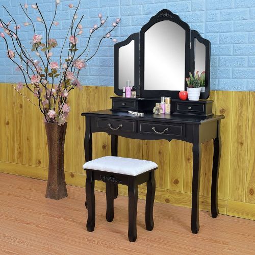  IdealBuy Tri-fold Mirror Dresser Dressing Stool Black