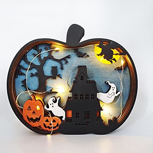  할로윈 용품ideapro Halloween Tabletop Decoration, Wooden Lighted Pumpkin House Decoration Ornaments, Battery Operated Halloween Sign Indoor Fireplace Desk Kitchen Table Ornament, 6.5 x 5.5 x