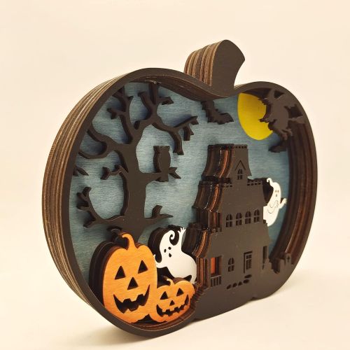  할로윈 용품ideapro Halloween Tabletop Decoration, Wooden Lighted Pumpkin House Decoration Ornaments, Battery Operated Halloween Sign Indoor Fireplace Desk Kitchen Table Ornament, 6.5 x 5.5 x