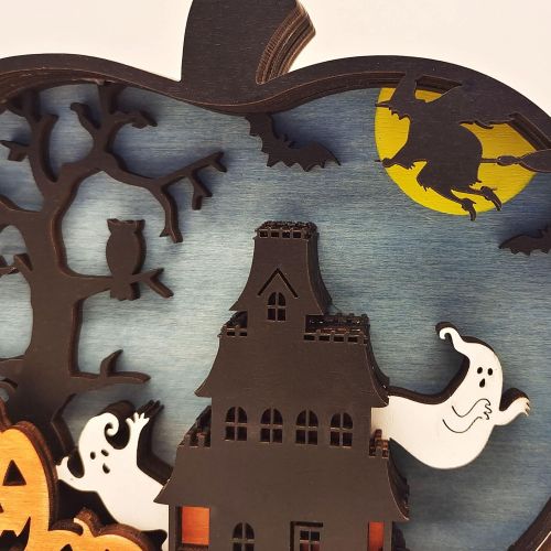  할로윈 용품ideapro Halloween Tabletop Decoration, Wooden Lighted Pumpkin House Decoration Ornaments, Battery Operated Halloween Sign Indoor Fireplace Desk Kitchen Table Ornament, 6.5 x 5.5 x