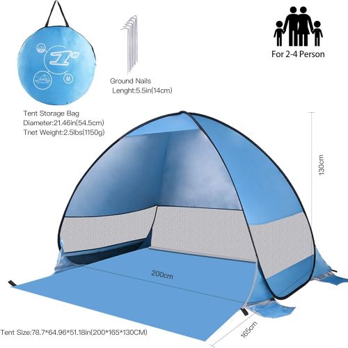  Pop Up Beach Tent , Idefair Beach Tents Sun Shade Beach Cabana , Large Beach Tent Pop Up Shade 3-4 Person , UPF 50+ UV Protection Beach Sun Shelter Portable with Carry Bag