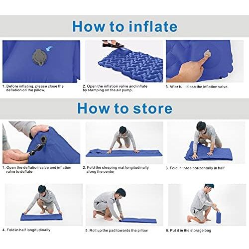  Idefair Inflatable Camping Sleeping Pad with Pillow,Built-in Foot Pump Quick Inflation Camp Mats Outdoor Mattress Waterproof Air Sleeping Mat for Tents Hiking Backpacking Travellin