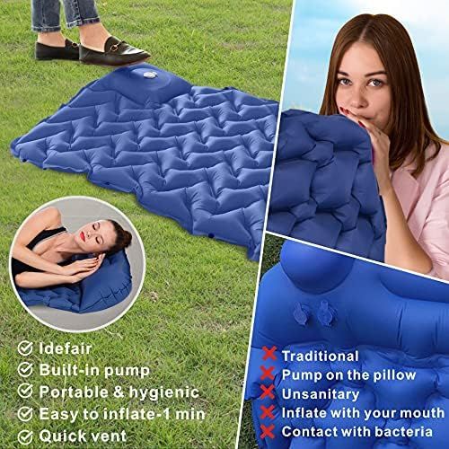  Idefair Inflatable Camping Sleeping Pad with Pillow,Built-in Foot Pump Quick Inflation Camp Mats Outdoor Mattress Waterproof Air Sleeping Mat for Tents Hiking Backpacking Travellin