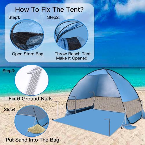  Pop Up Beach Tent , Idefair Beach Tents Sun Shade Beach Cabana , Large Beach Tent Pop Up Shade 3-4 Person , UPF 50+ UV Protection Beach Sun Shelter Portable with Carry Bag