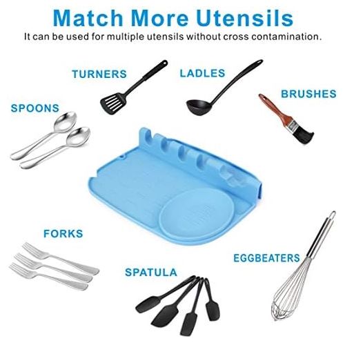  Idefair Upgraded Silicone Utensil Spoon Rest Mat 5 in 1 Ladle Spoon Holde with Drip Pad,Heat Resistant,Food Safe Kitchen Utensil Holder for Stove Top,Spatulas,Ladles,Tongs (Blue)