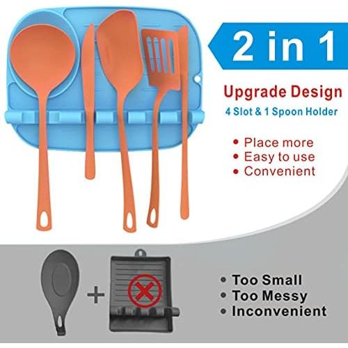  Idefair Upgraded Silicone Utensil Spoon Rest Mat 5 in 1 Ladle Spoon Holde with Drip Pad,Heat Resistant,Food Safe Kitchen Utensil Holder for Stove Top,Spatulas,Ladles,Tongs (Blue)