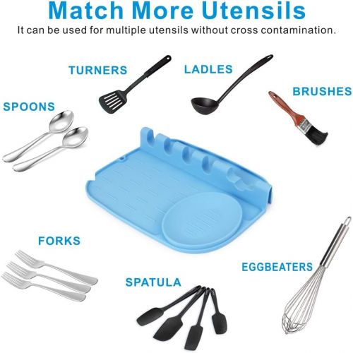  Idefair Upgraded Silicone Utensil Spoon Rest Mat 5 in 1 Ladle Spoon Holde with Drip Pad,Heat Resistant,Food Safe Kitchen Utensil Holder for Stove Top,Spatulas,Ladles,Tongs (Blue)