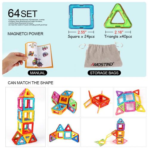  Idoot idoot Magnetic Tiles Building Blocks Set Educational Toys for Kids with Storage Bag - 64pcs