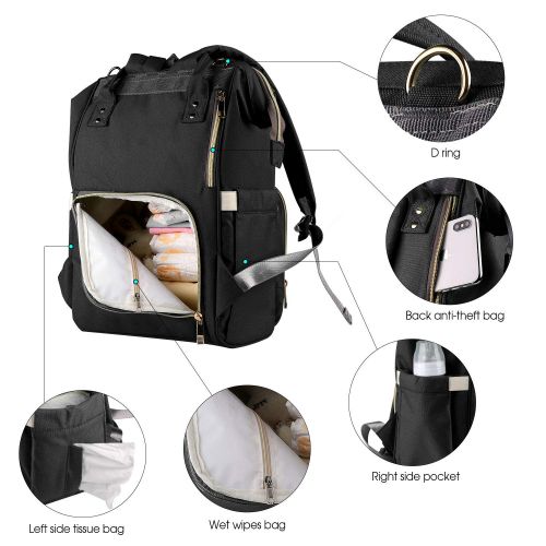  [아마존베스트]Iduola Land Diaper Bag Backpack, Large Capacity Baby Bag Backpack Stylish Maternity Multi-Function Travel Back Pack for Mom Dad, Waterproof and Durable (Black)