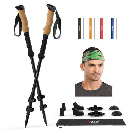  IeGeek ieGeek Trekking Poles with Headband - 2 pc Pack Adjustable Hiking or Walking Sticks - Tough, Lightweight, Collapsible Hiking Poles for All Terrains and Season